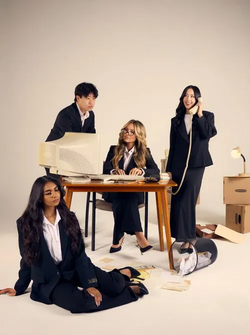 Four businesspeople dressed in black suits in an office setting with a retro computer, scattered papers, and cardboard boxes.